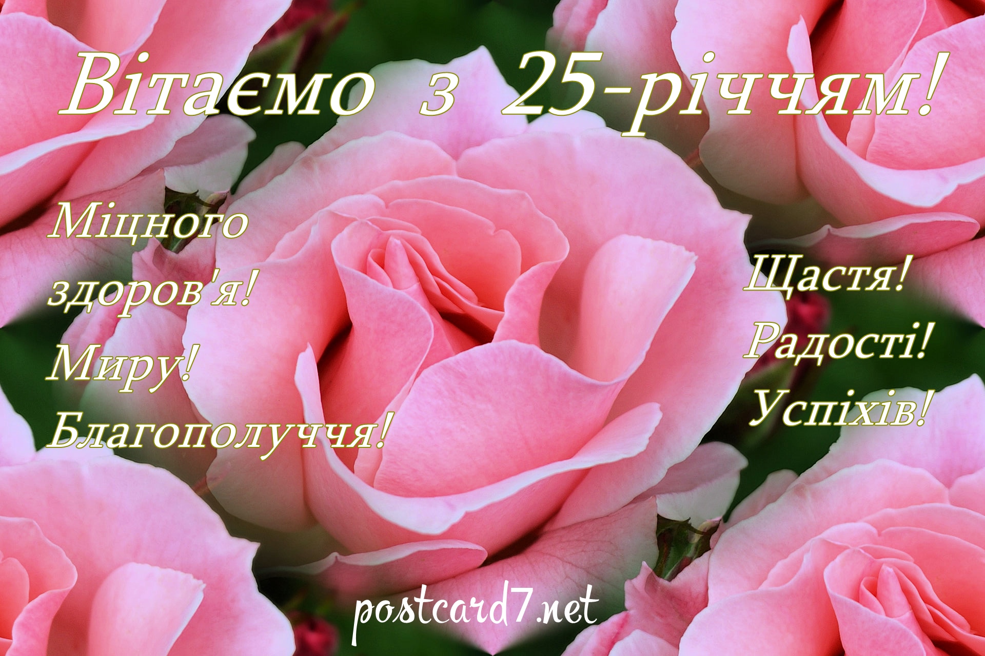 Листівка з рожевими трояндами до 25-річчя