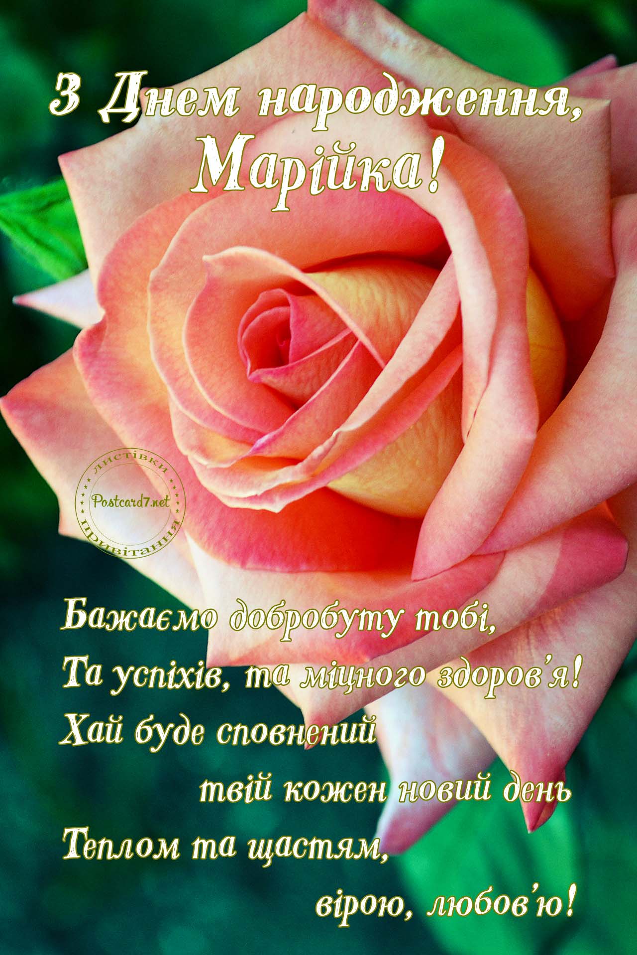 З Днем народження, Марійка, листівка з гарною трояндою та віршами