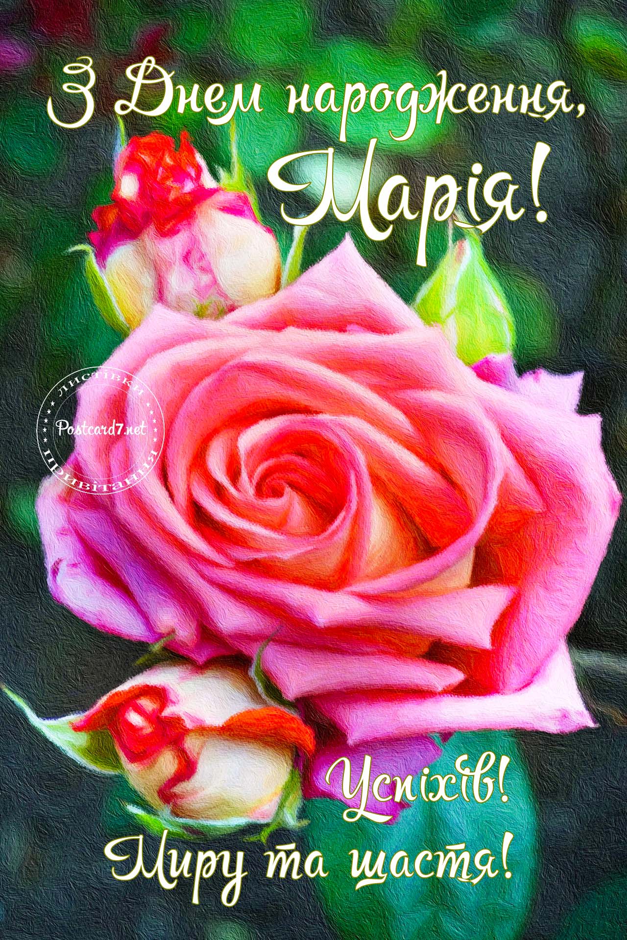 З Днем народження, Марія, гарна листівка з трояндою