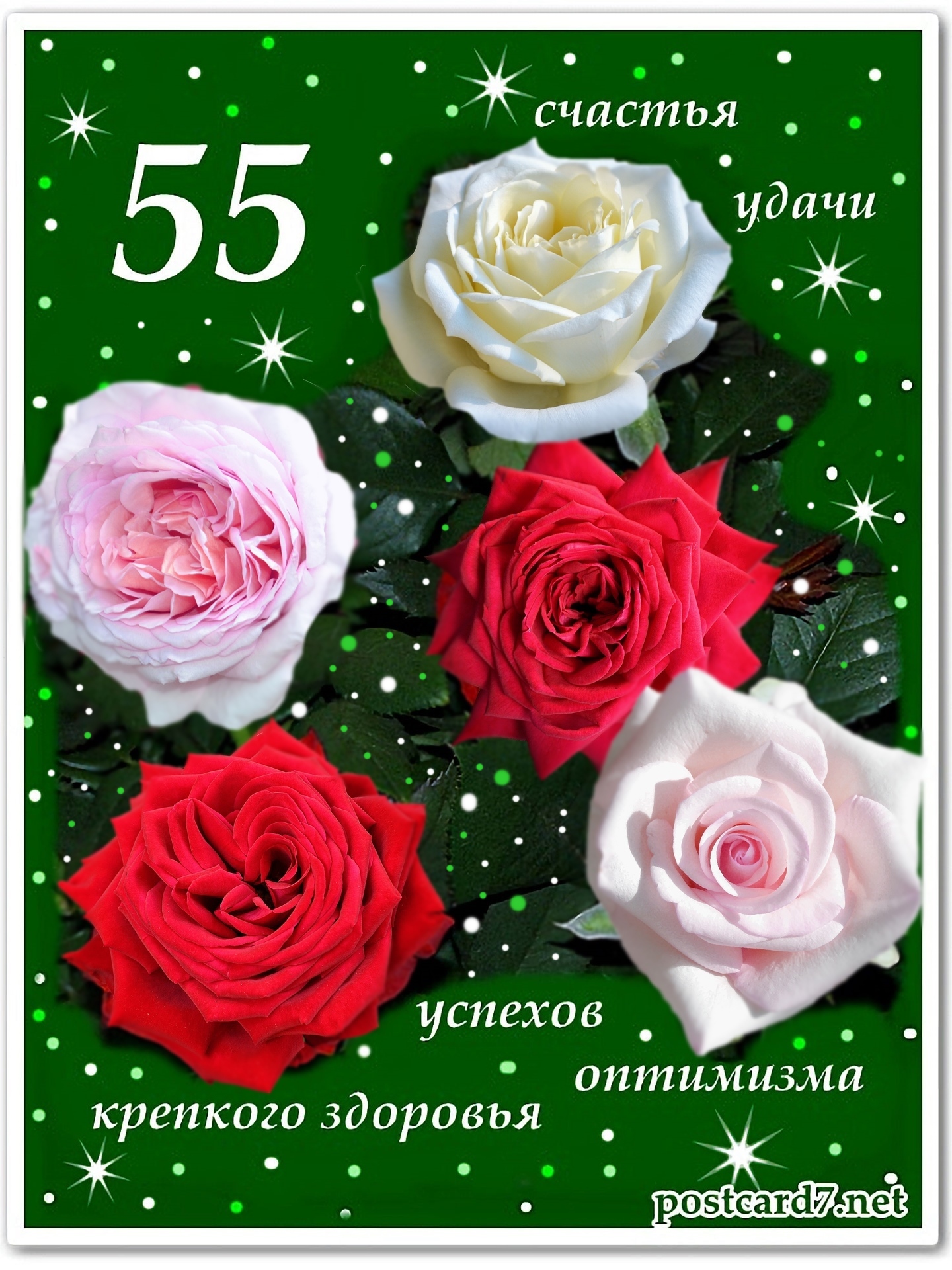 Открытка с розами на зелёном к 55-летию