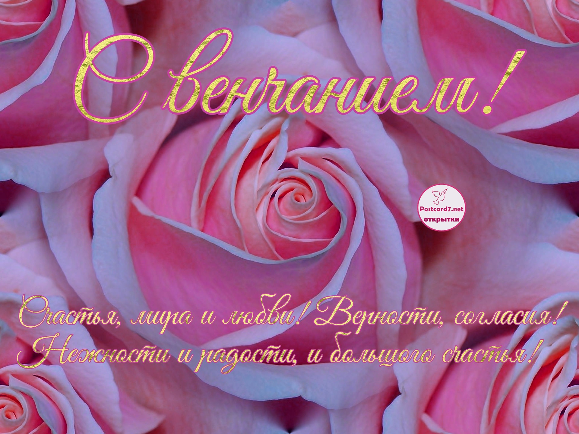 Венчальная открытка с розами и пожеланиями